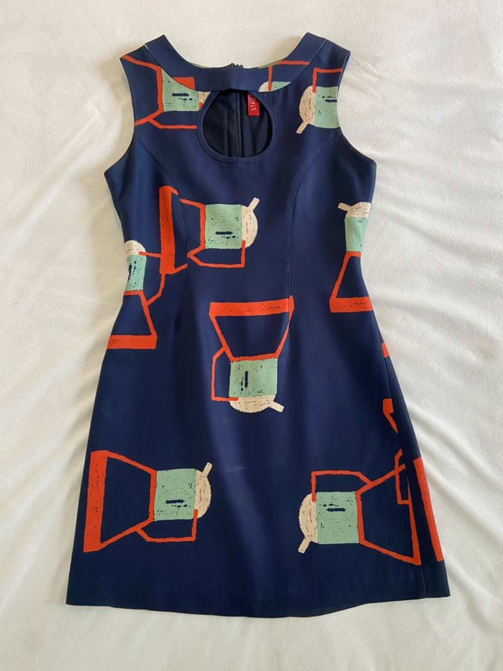 STAUD Navy Sleeveless Mini Dress with Orange and Mint Abstract Print